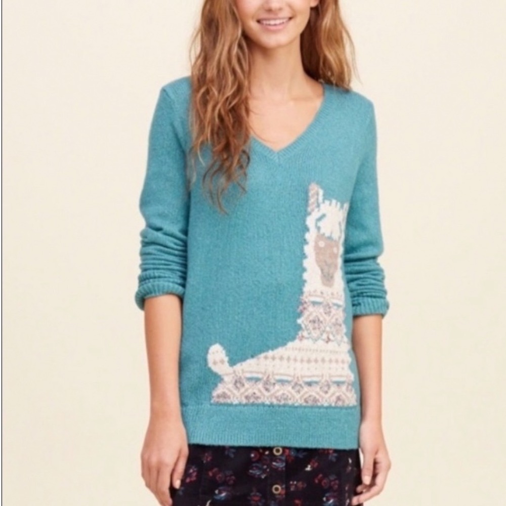 Hollister Llama Sweater Womens Medium Teal Turquoise V Neck Knit Y2K